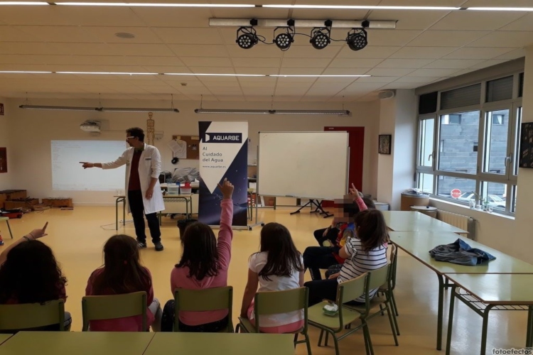 Children in a classroom taking part in an Aqualogía workshop.